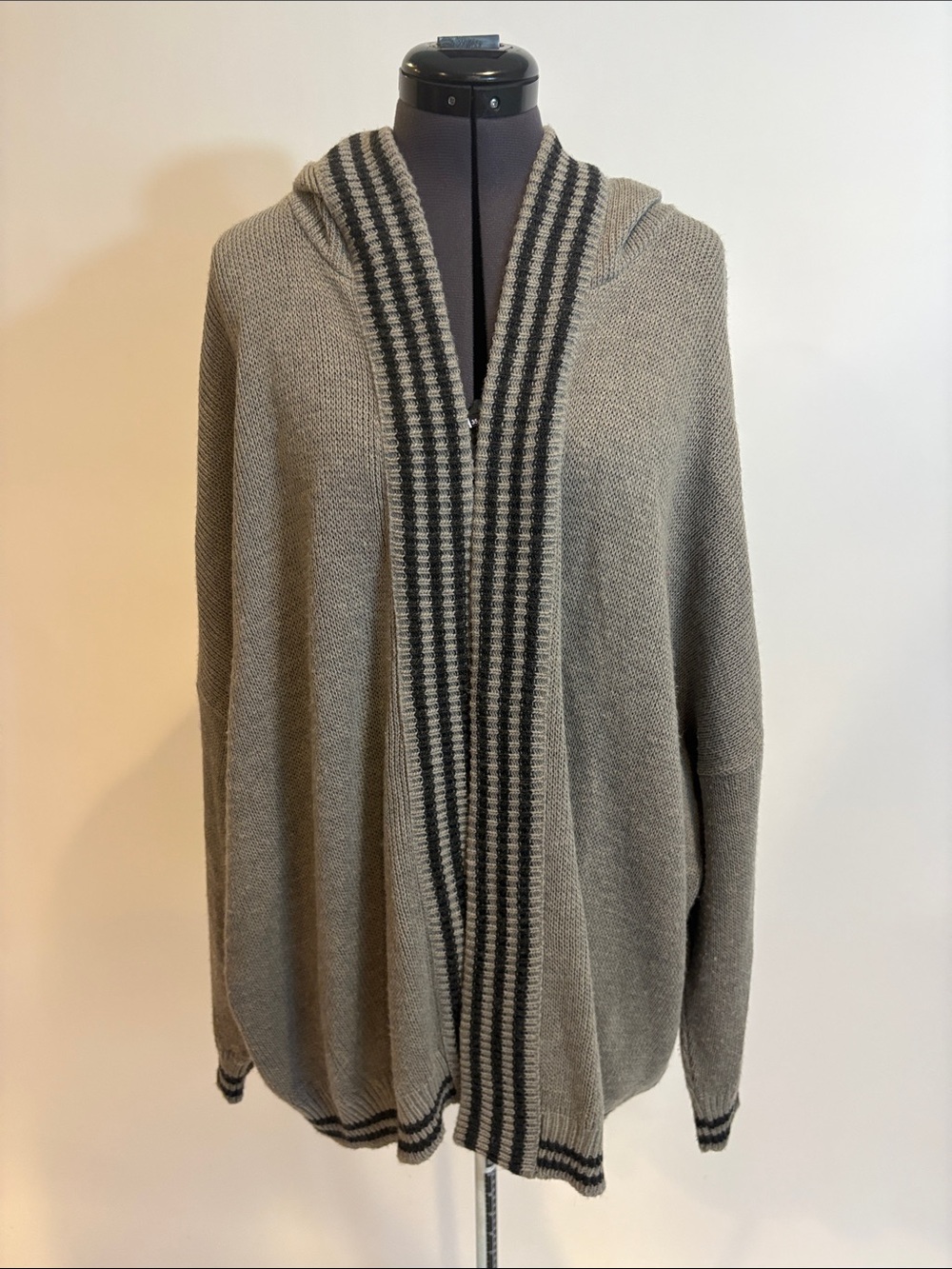 Ecote Gray Hooded Open-Front Cardigan with Stripe Trim